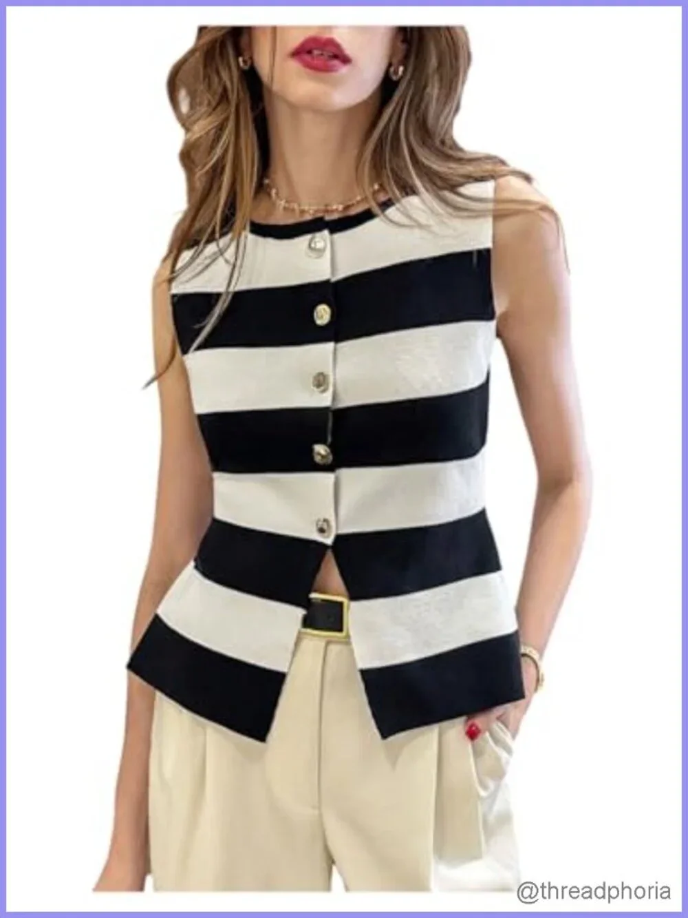 Knit Sweater Vest Sleeveless Crew Neck Metal Button Front Fitted